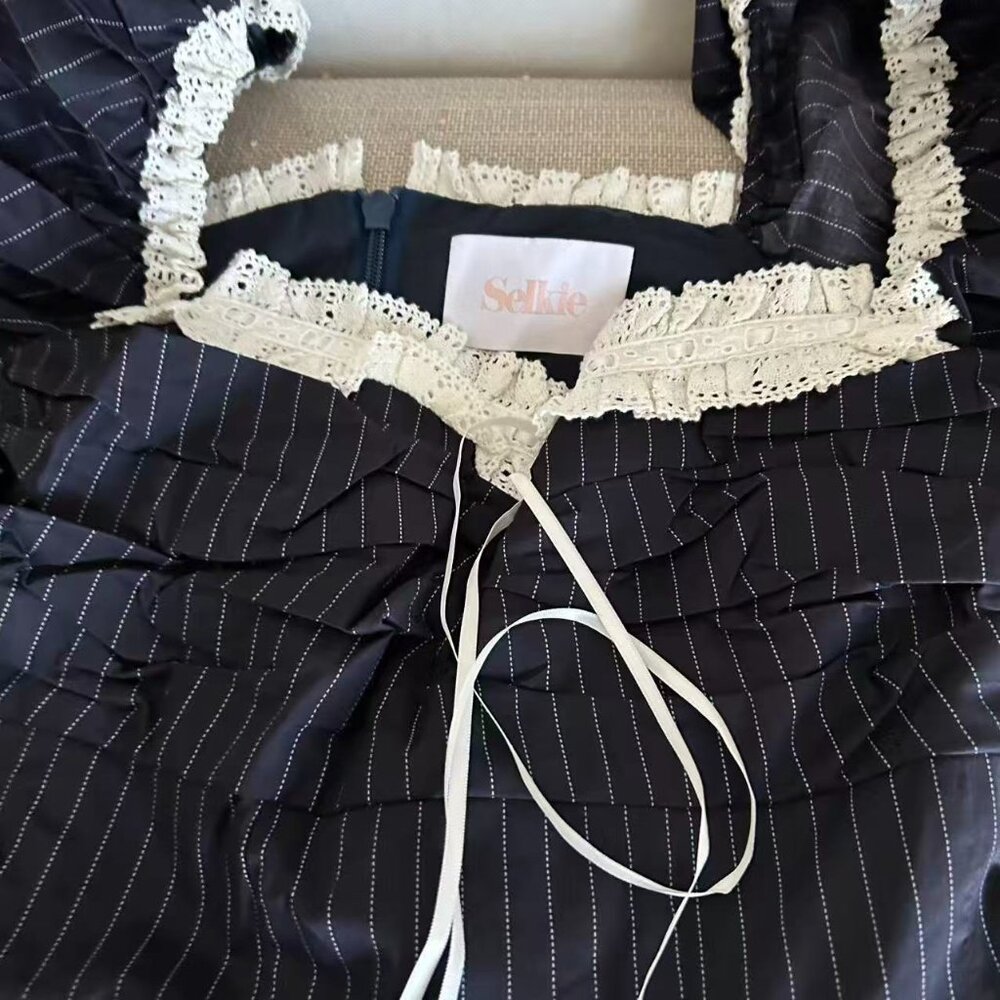 Selkie The Pinstripe Bonny Mini Dress Large Black White Lace Holiday - Picture 10 of 16